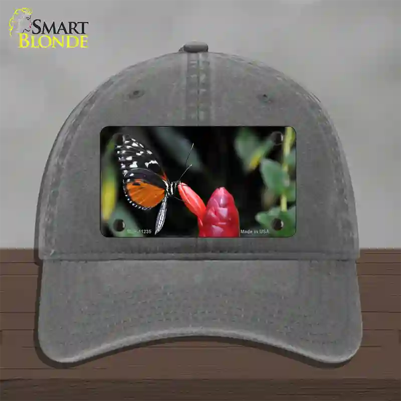 Butterfly On Red Flower Novelty License Plate Hat Unconstructed Cotton / Charcoal