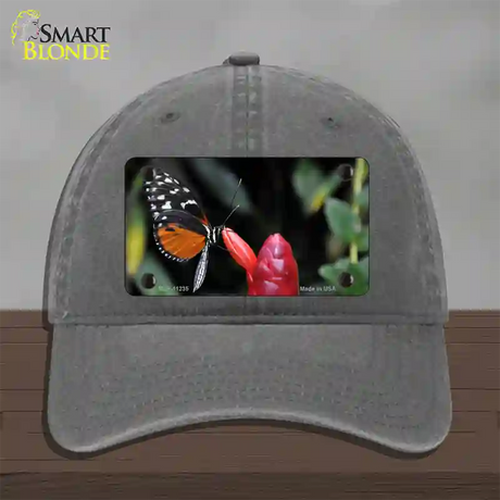 Butterfly On Red Flower Novelty License Plate Hat Unconstructed Cotton / Charcoal