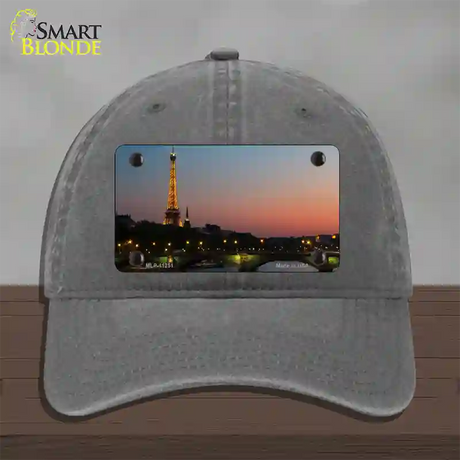 Eiffel Tower Night With River and Bridge Novelty License Plate Hat Unconstructed Cotton / Charcoal