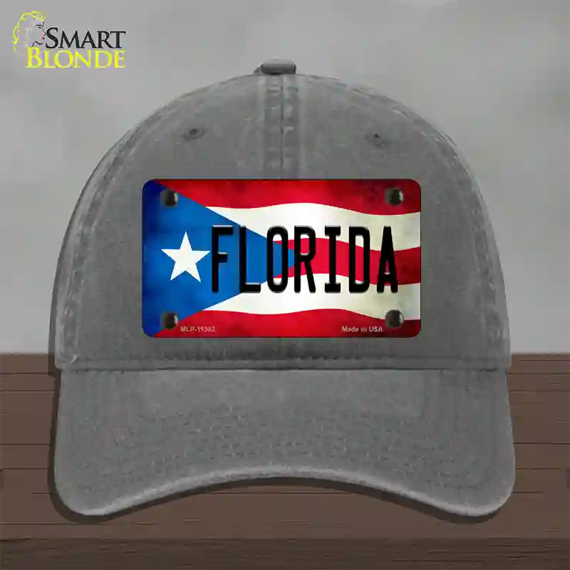 Florida Puerto Rico Flag Novelty License Plate Hat Unconstructed Cotton / Charcoal