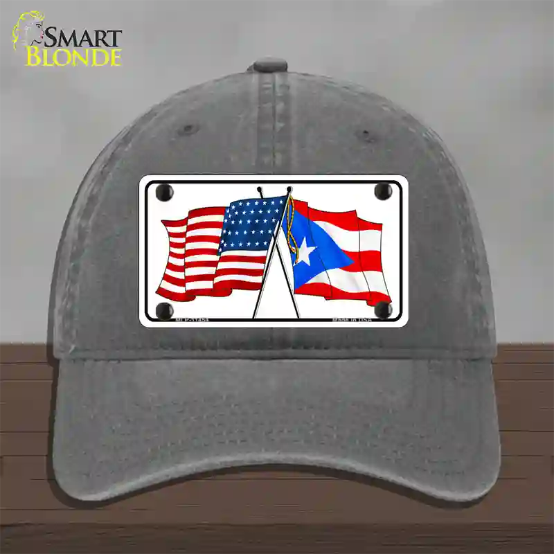 Puerto Rico Crossed US Flag Novelty License Plate Hat Unconstructed Cotton / Charcoal