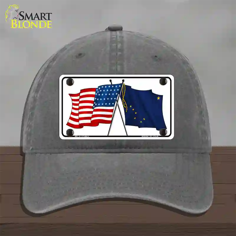 Alaska Crossed US Flag Novelty License Plate Hat Unconstructed Cotton / Charcoal