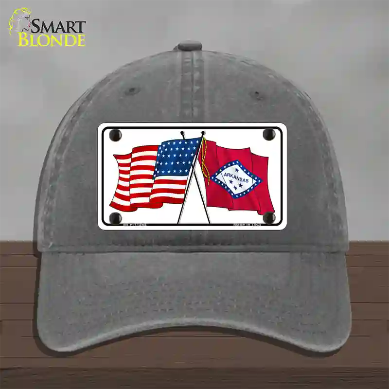 Arkansas Crossed US Flag Novelty License Plate Hat Unconstructed Cotton / Charcoal