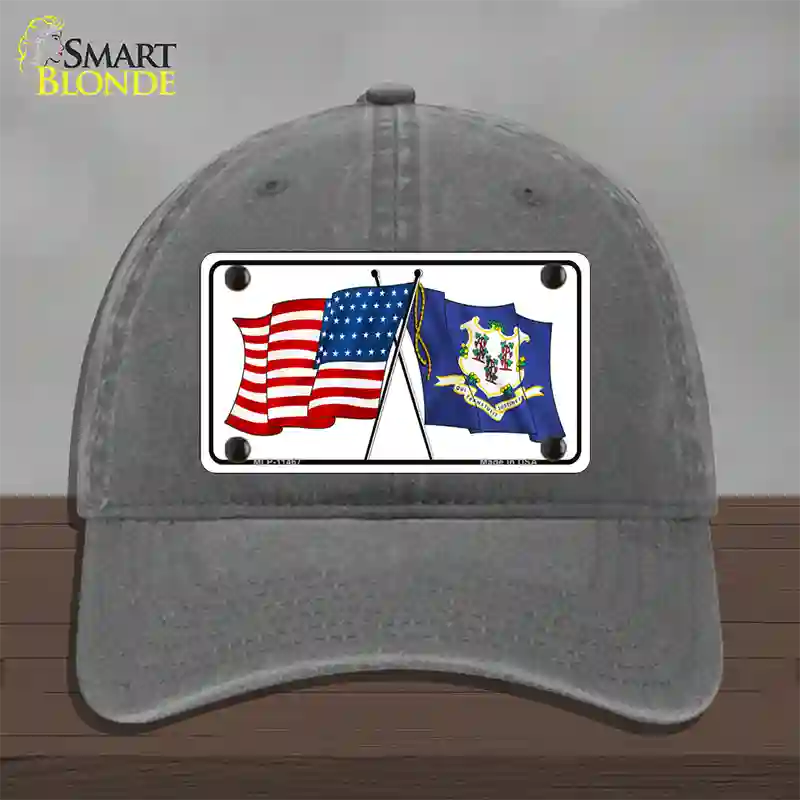 Connecticut Crossed US Flag Novelty License Plate Hat Unconstructed Cotton / Charcoal