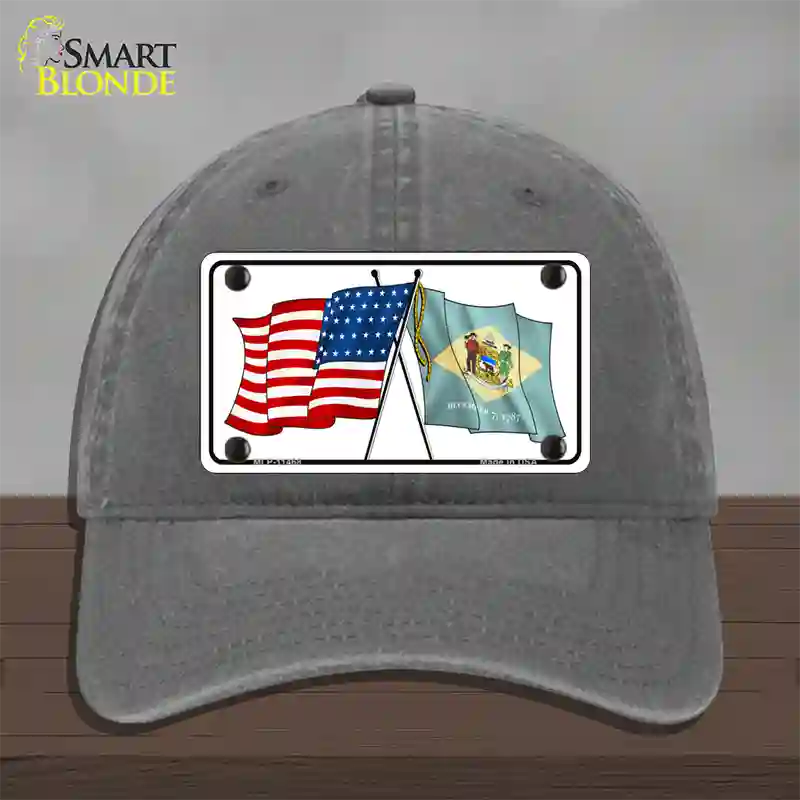 Delaware Crossed US Flag Novelty License Plate Hat Unconstructed Cotton / Charcoal