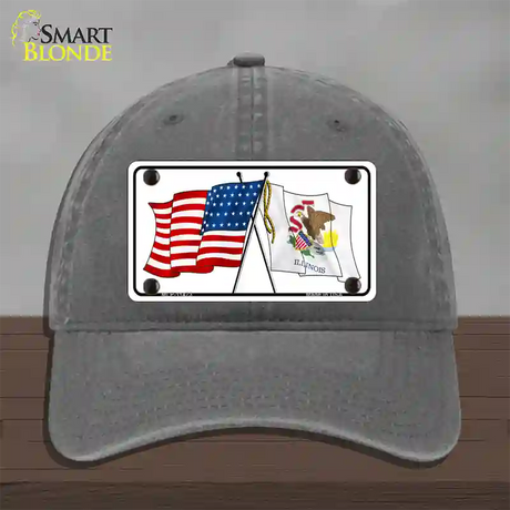 Illinois Crossed US Flag Novelty License Plate Hat Unconstructed Cotton / Charcoal