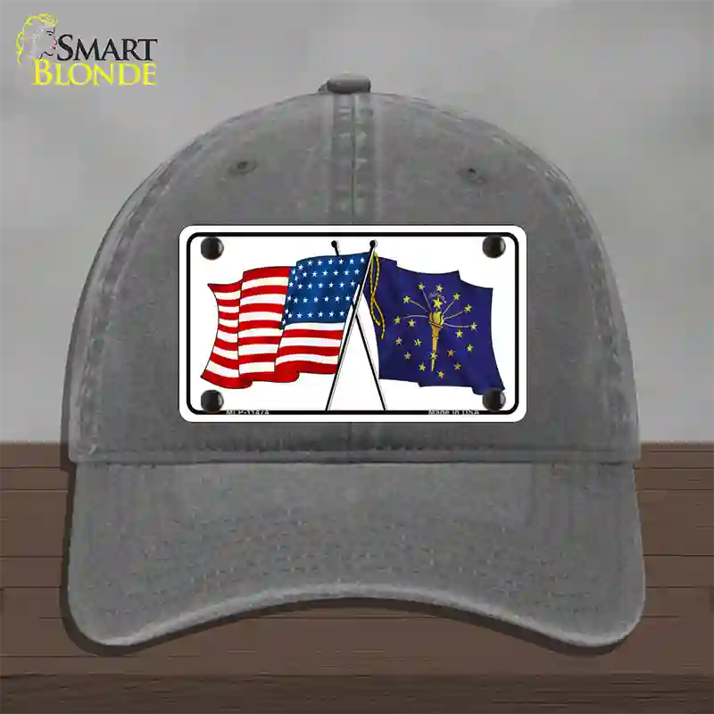 Indiana Crossed US Flag Novelty License Plate Hat Unconstructed Cotton / Charcoal