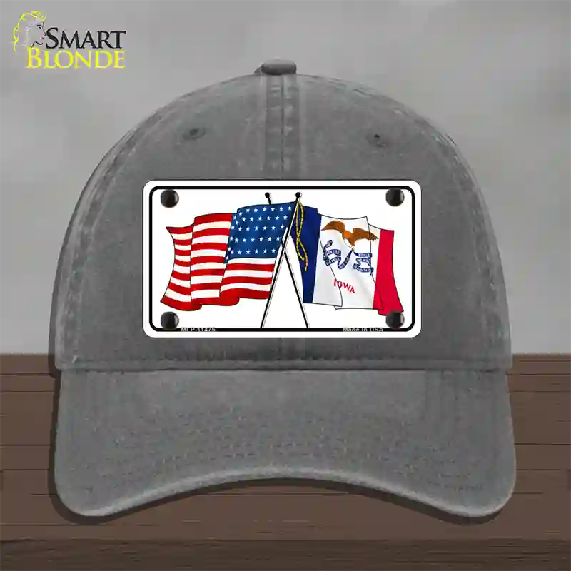 Iowa Crossed US Flag Novelty License Plate Hat Unconstructed Cotton / Charcoal