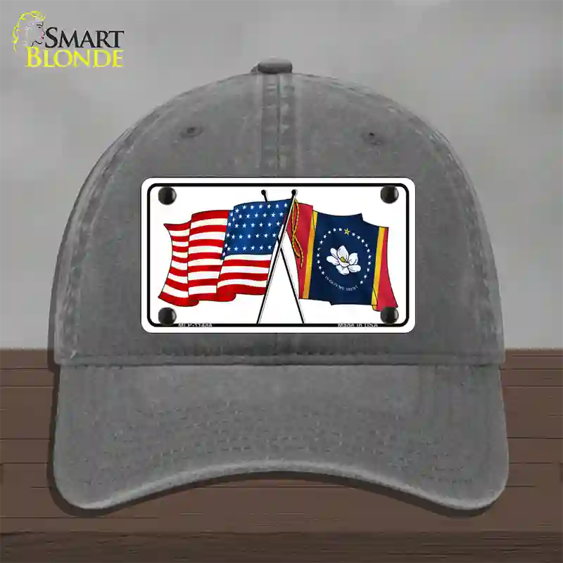 Mississippi Crossed US Flag Novelty License Plate Hat Unconstructed Cotton / Charcoal