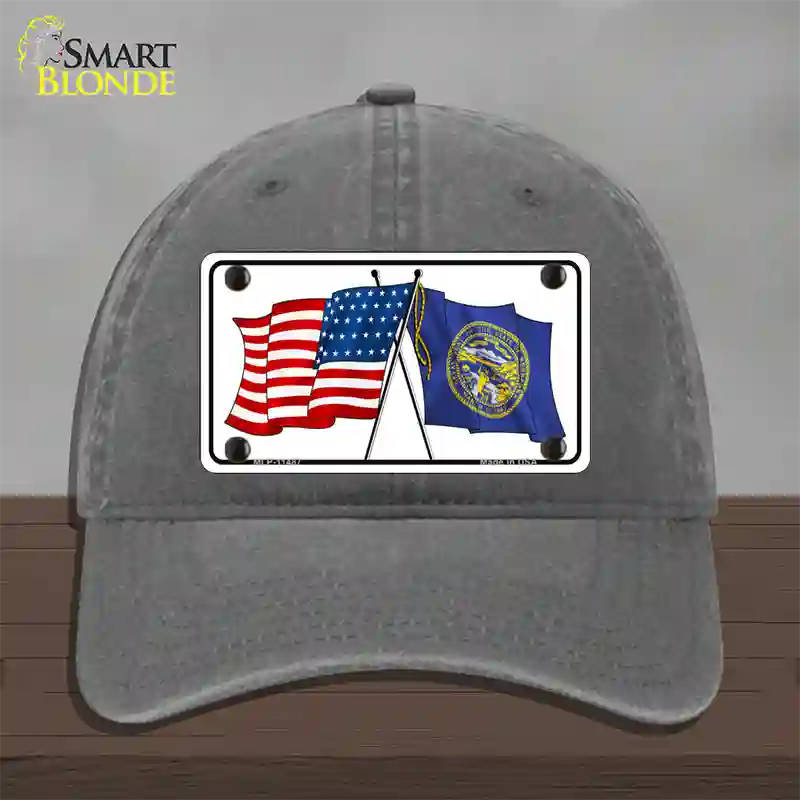 Nebraska Crossed US Flag Novelty License Plate Hat Unconstructed Cotton / Charcoal