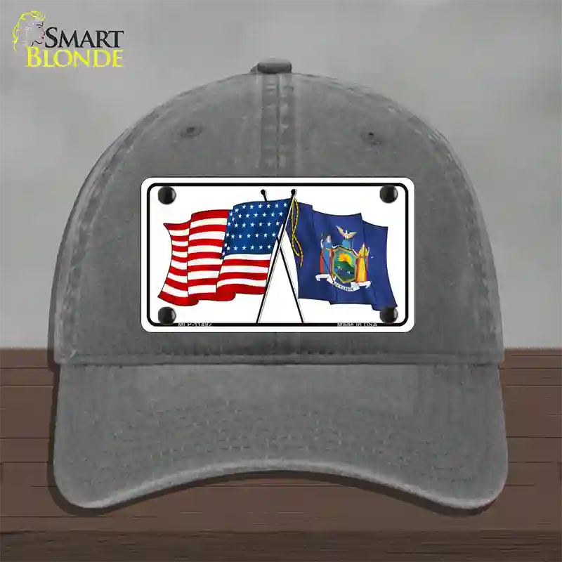 New York Crossed US Flag Novelty License Plate Hat Unconstructed Cotton / Charcoal