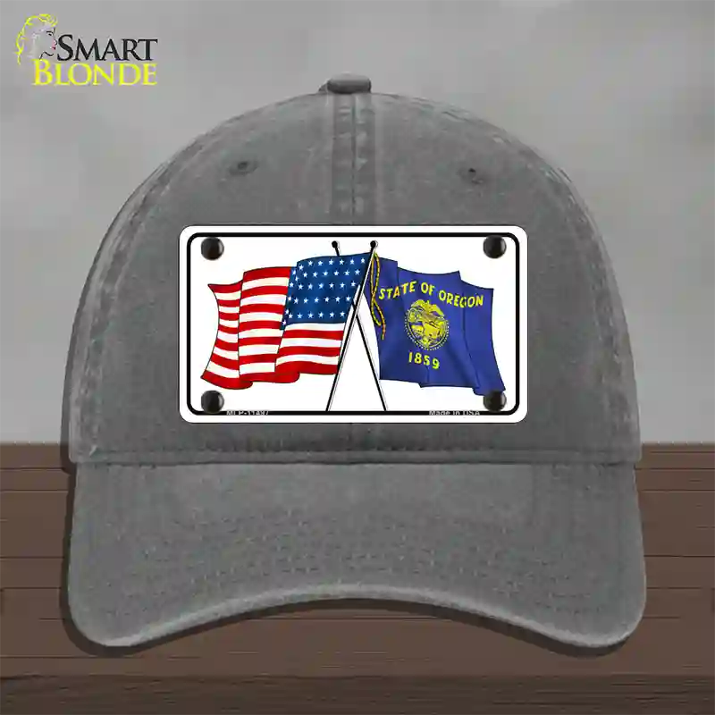 Oregon Crossed US Flag Novelty License Plate Hat Unconstructed Cotton / Charcoal