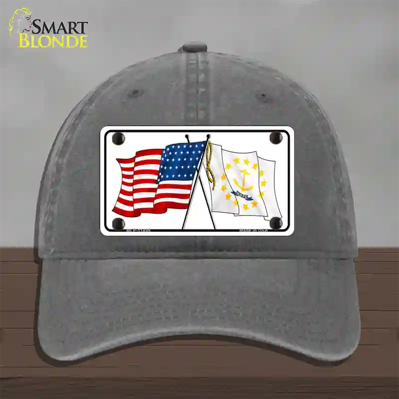 Rhode Island Crossed US Flag Novelty License Plate Hat Unconstructed Cotton / Charcoal