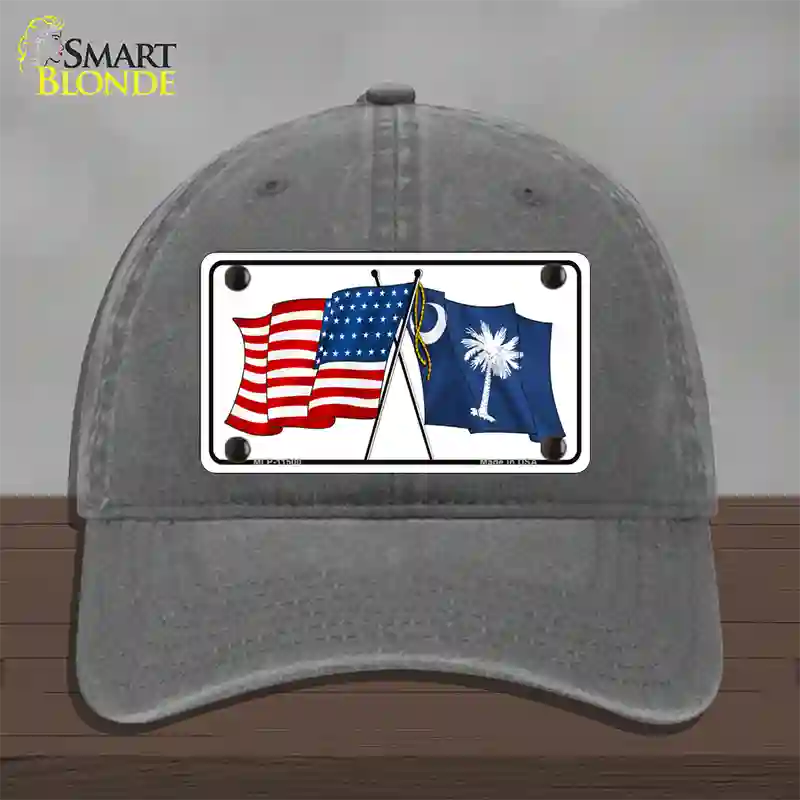 South Carolina Crossed US Flag Novelty License Plate Hat Unconstructed Cotton / Charcoal