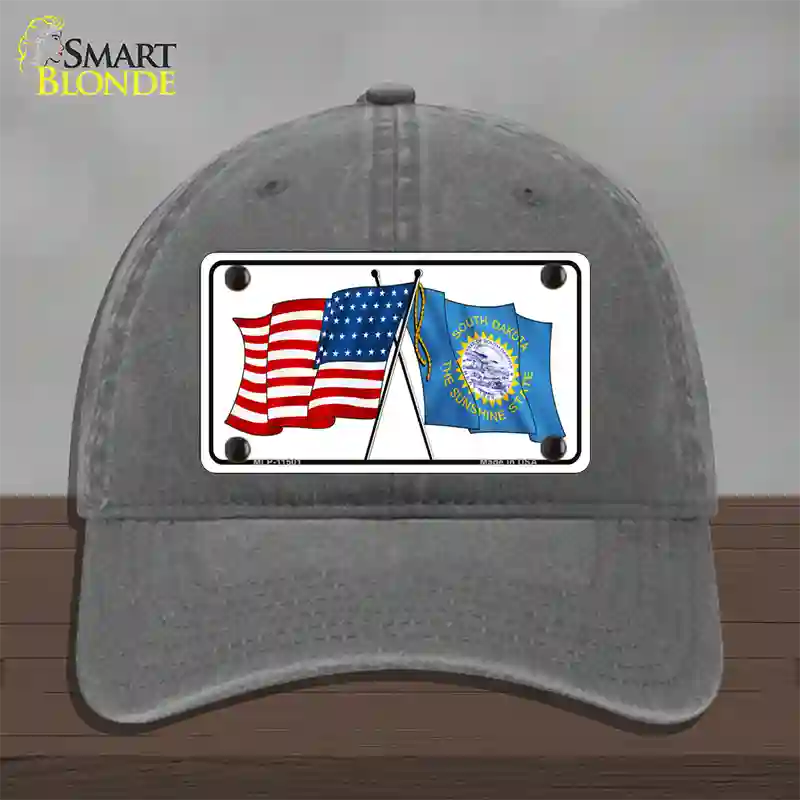 South Dakota Crossed US Flag Novelty License Plate Hat Unconstructed Cotton / Charcoal