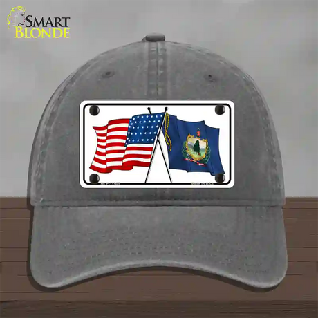 Vermont Crossed US Flag Novelty License Plate Hat Unconstructed Cotton / Charcoal