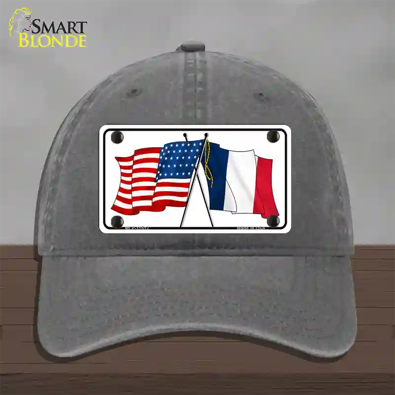 France Crossed US Flag Novelty License Plate Hat Unconstructed Cotton / Charcoal