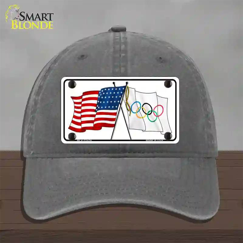 Olympic Crossed US Flag Novelty License Plate Hat Unconstructed Cotton / Charcoal