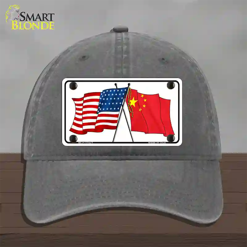 China Crossed US Flag Novelty License Plate Hat Unconstructed Cotton / Charcoal