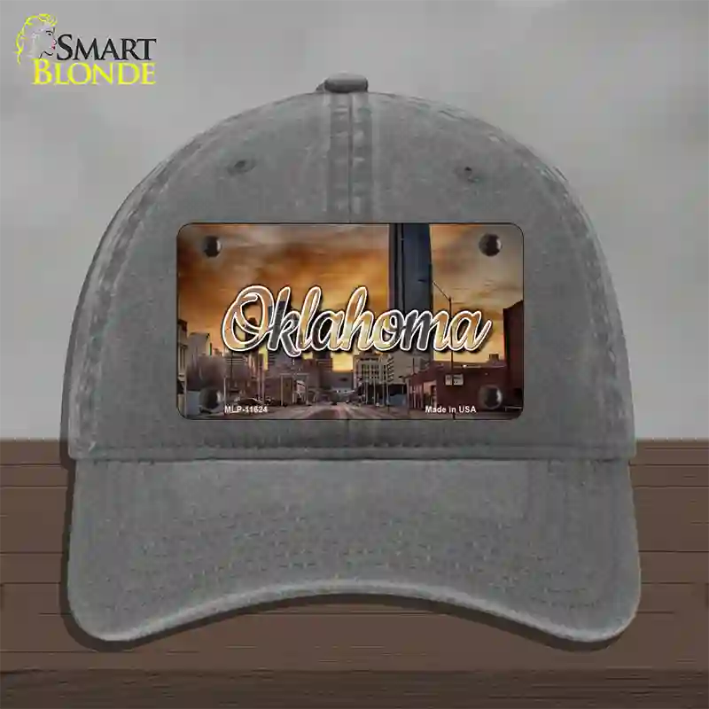 Oklahoma Sunset Skyline State Novelty License Plate Hat Unconstructed Cotton / Charcoal