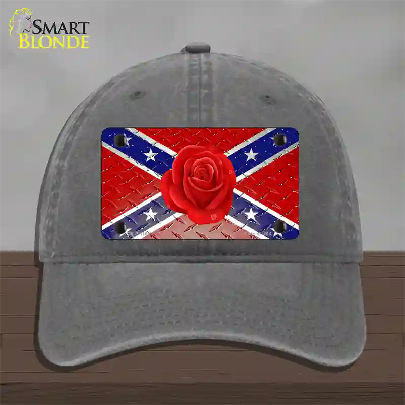 Confederate Flag With Red Rose Novelty License Plate Hat Unconstructed Cotton / Charcoal