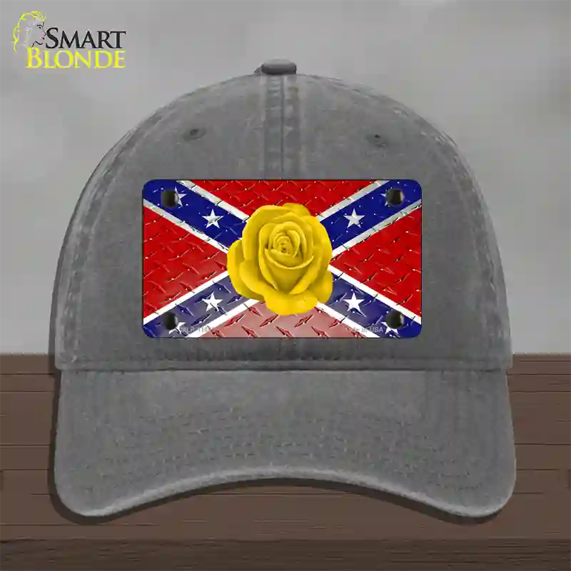 Confederate Flag With Yellow Rose Novelty License Plate Hat Unconstructed Cotton / Charcoal