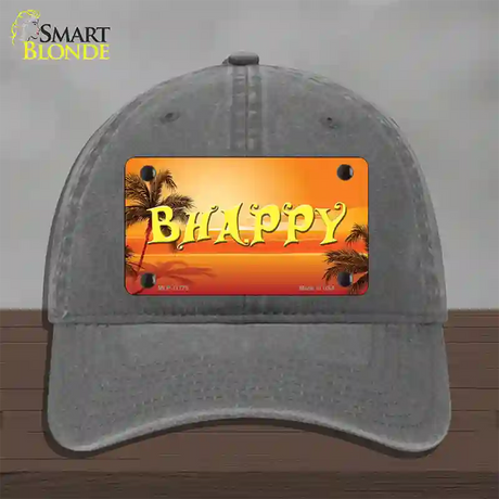 Be Happy Beach Scene Novelty License Plate Hat Unconstructed Cotton / Charcoal