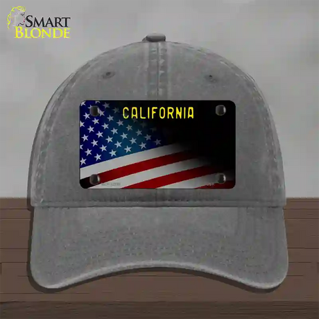 California with American Flag Novelty License Plate Hat Unconstructed Cotton / Charcoal