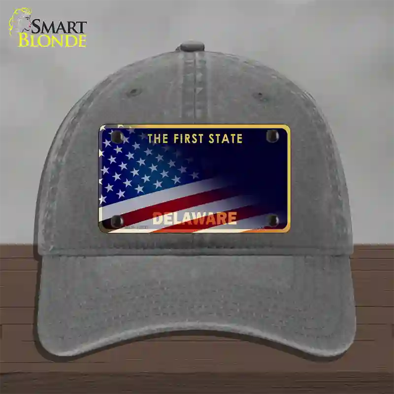 Delaware with American Flag Novelty License Plate Hat Unconstructed Cotton / Charcoal