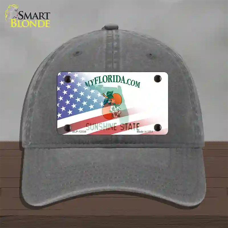 Florida with American Flag Novelty License Plate Hat Unconstructed Cotton / Charcoal