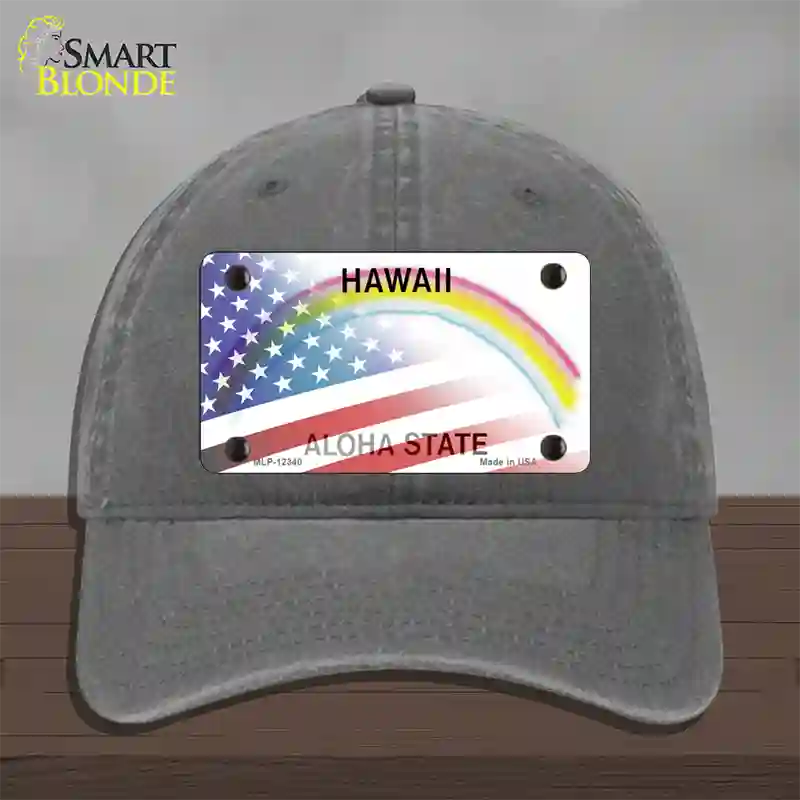 Hawaii with American Flag Novelty License Plate Hat Unconstructed Cotton / Charcoal