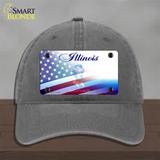 Illinois with American Flag Novelty License Plate Hat Unconstructed Cotton / Charcoal