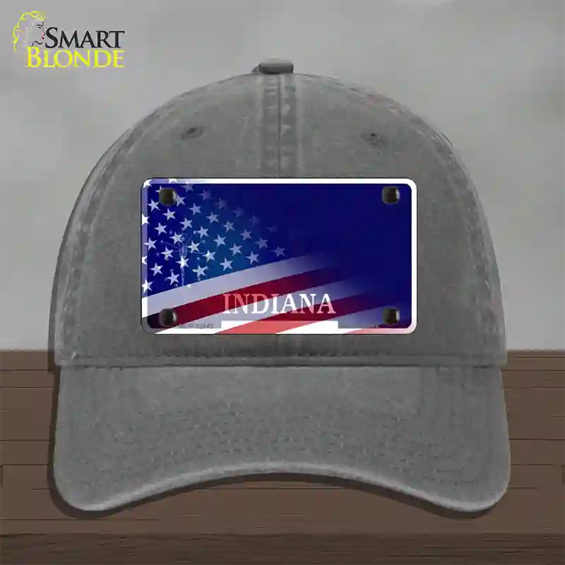 Indiana with American Flag Novelty License Plate Hat Unconstructed Cotton / Charcoal