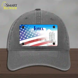 Iowa with American Flag Novelty License Plate Hat Unconstructed Cotton / Charcoal