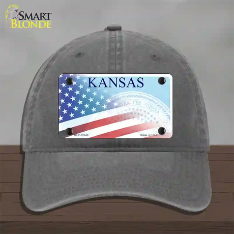 Kansas with American Flag Novelty License Plate Hat Unconstructed Cotton / Charcoal