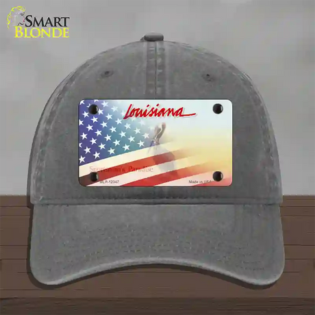 Louisiana with American Flag Novelty License Plate Hat Unconstructed Cotton / Charcoal