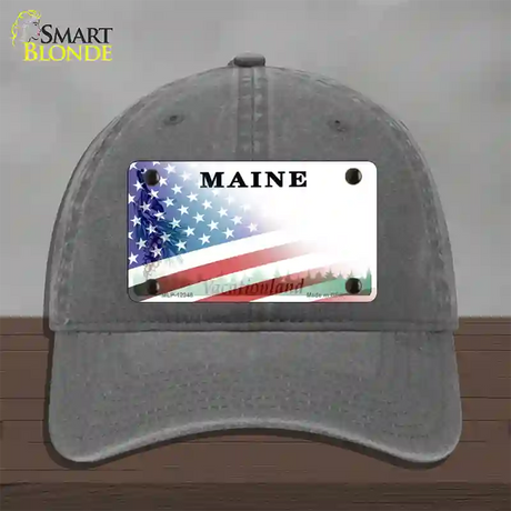 Maine with American Flag Novelty License Plate Hat Unconstructed Cotton / Charcoal