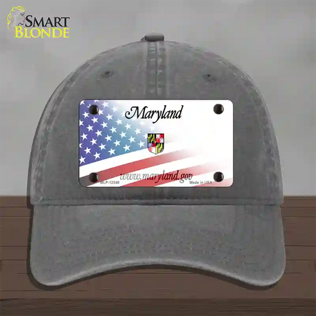 Maryland with American Flag Novelty License Plate Hat Unconstructed Cotton / Charcoal