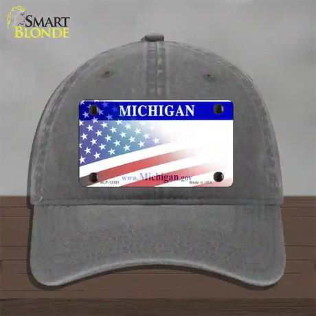 Michigan with American Flag Novelty License Plate Hat Unconstructed Cotton / Charcoal