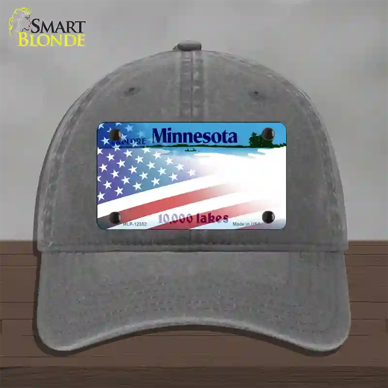 Minnesota with American Flag Novelty License Plate Hat Unconstructed Cotton / Charcoal