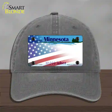 Minnesota with American Flag Novelty License Plate Hat Unconstructed Cotton / Charcoal