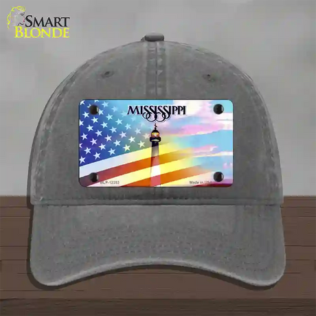 Mississippi with American Flag Novelty License Plate Hat Unconstructed Cotton / Charcoal