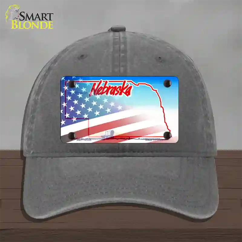 Nebraska with American Flag Novelty License Plate Hat Unconstructed Cotton / Charcoal