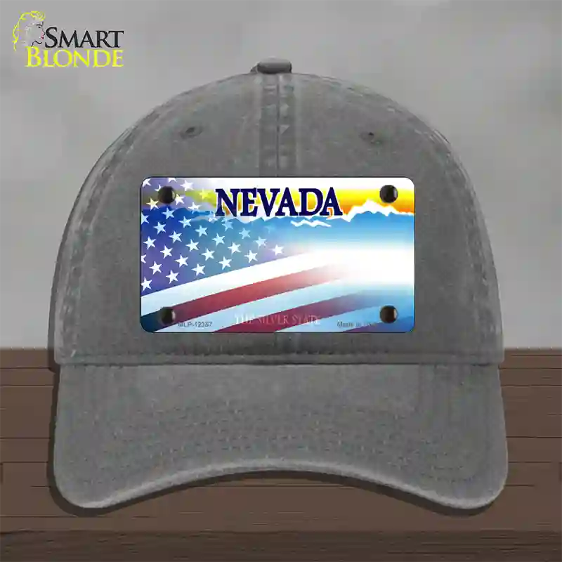 Nevada with American Flag Novelty License Plate Hat Unconstructed Cotton / Charcoal