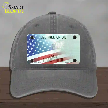 New Hampshire with American Flag Novelty License Plate Hat Unconstructed Cotton / Charcoal