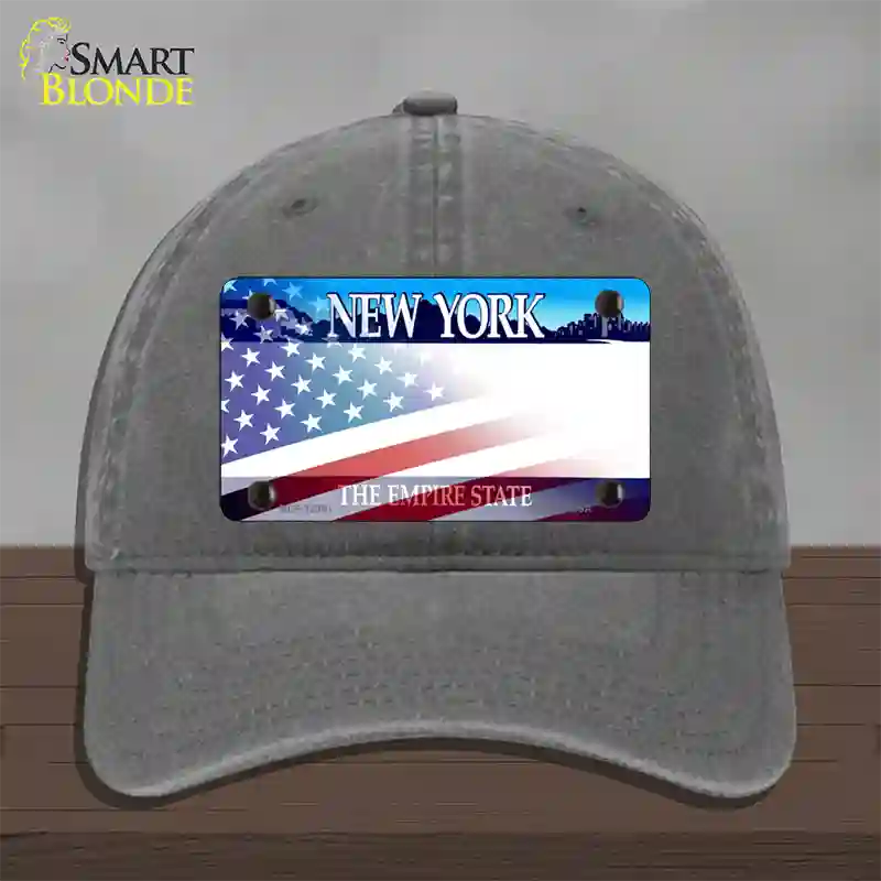 New York with American Flag Novelty License Plate Hat Unconstructed Cotton / Charcoal