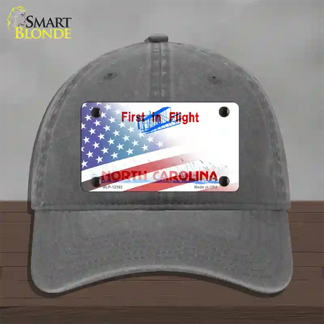 North Carolina with American Flag Novelty License Plate Hat Unconstructed Cotton / Charcoal