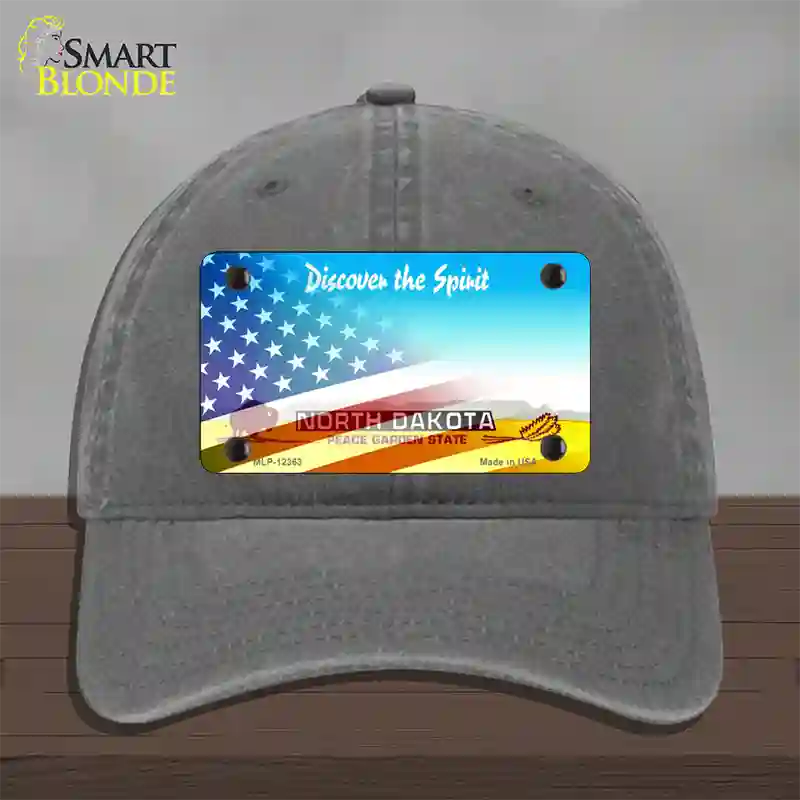 North Dakota with American Flag Novelty License Plate Hat Unconstructed Cotton / Charcoal