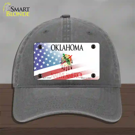 Oklahoma with American Flag Novelty License Plate Hat Unconstructed Cotton / Charcoal