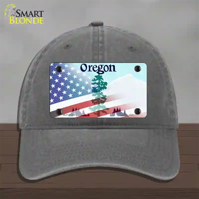 Oregon with American Flag Novelty License Plate Hat Unconstructed Cotton / Charcoal